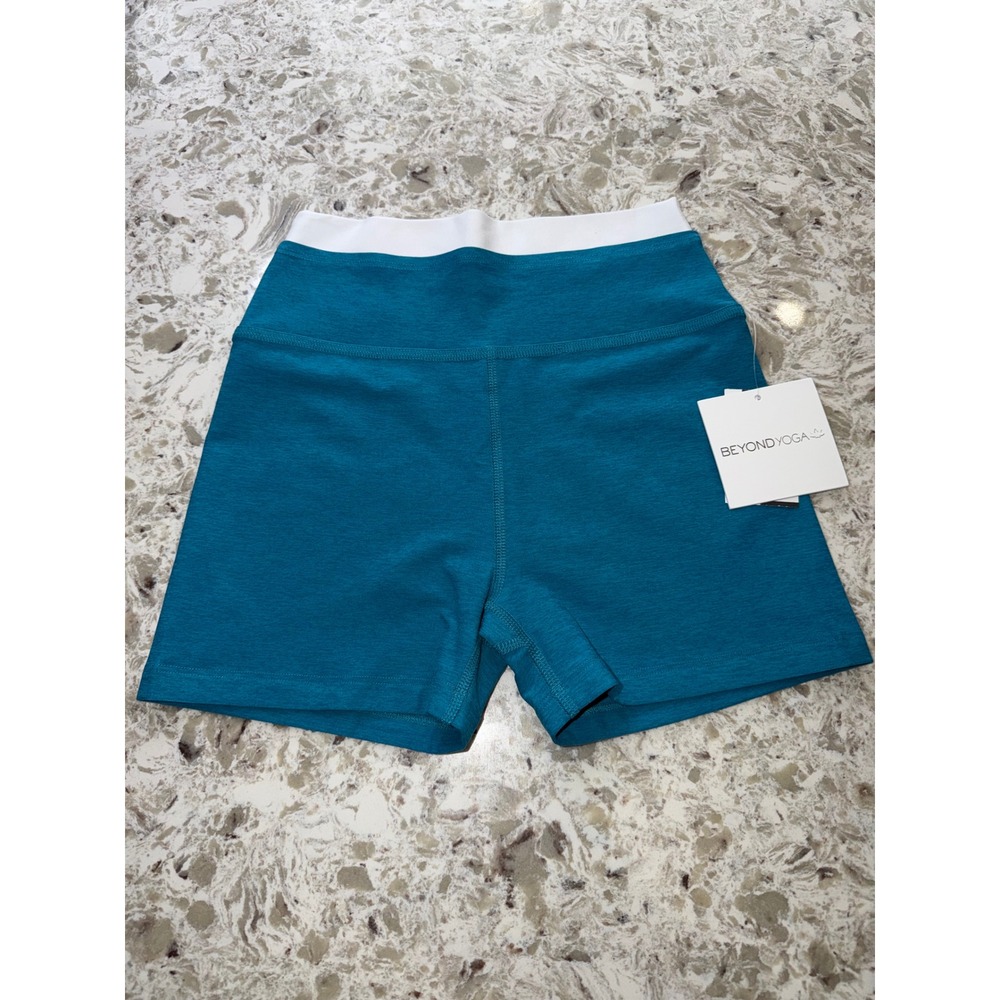 Beyond Yoga Womens High Waisted Biker Shorts heather turquoise white band size S